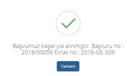 Başvuru Başarılı Penceresi